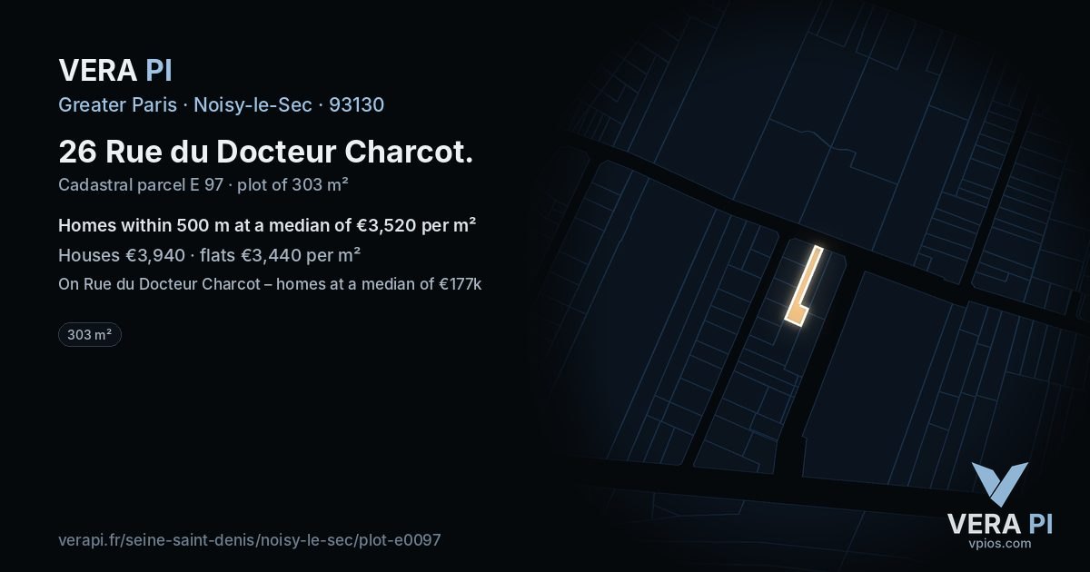 26 Rue du Docteur Charcot, Noisy-le-Sec at night – the plot lit, the parcels around coloured by the prices near them