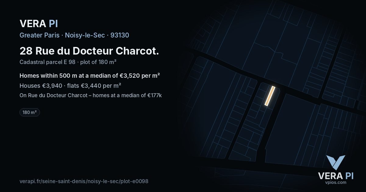 28 Rue du Docteur Charcot, Noisy-le-Sec at night – the plot lit, the parcels around coloured by the prices near them