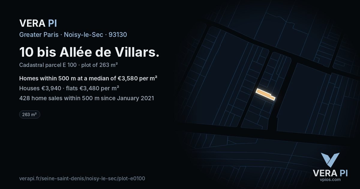10 bis Allée de Villars, Noisy-le-Sec at night – the plot lit, the parcels around coloured by the prices near them
