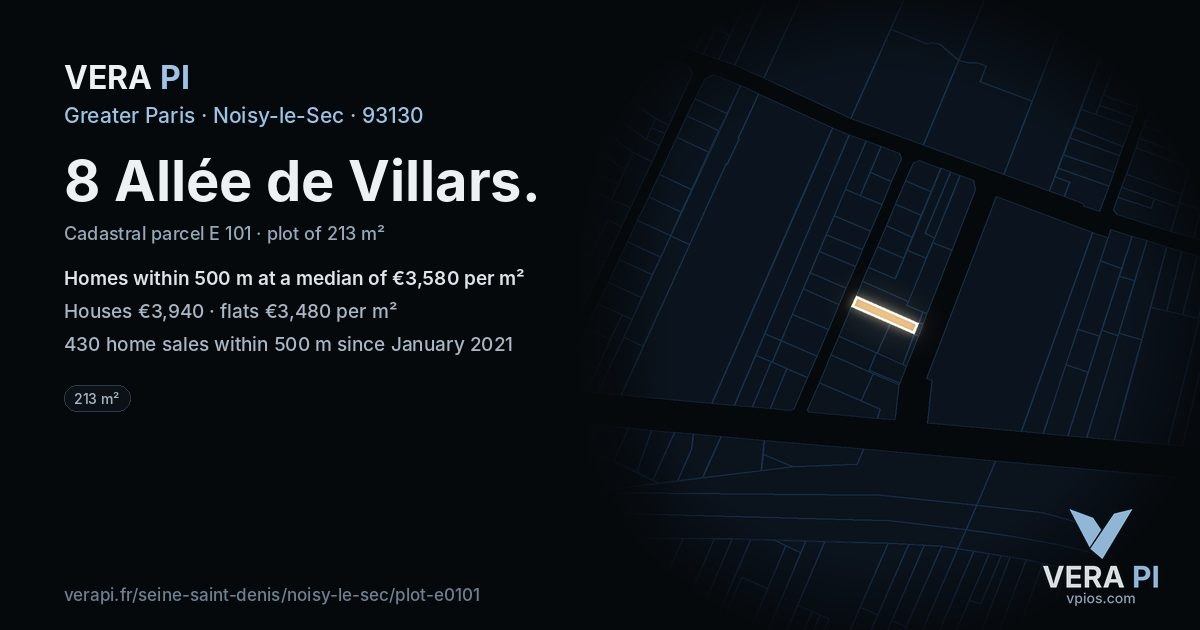 8 Allée de Villars, Noisy-le-Sec at night – the plot lit, the parcels around coloured by the prices near them