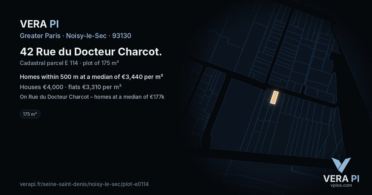 42 Rue du Docteur Charcot, Noisy-le-Sec at night – the plot lit, the parcels around coloured by the prices near them