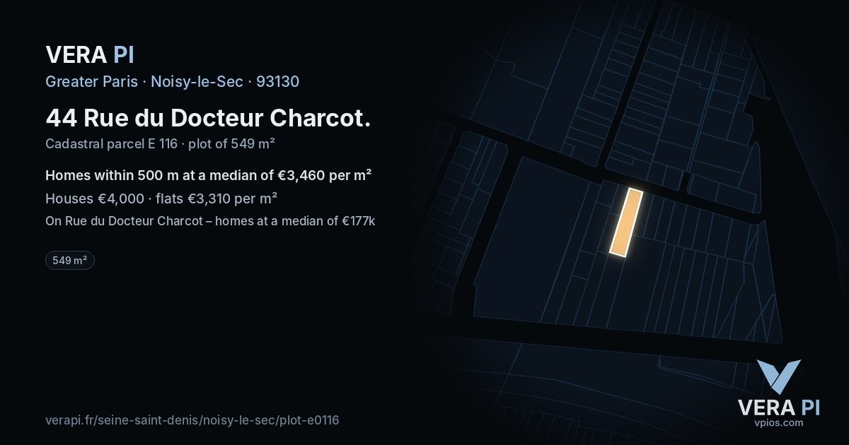 44 Rue du Docteur Charcot, Noisy-le-Sec at night – the plot lit, the parcels around coloured by the prices near them