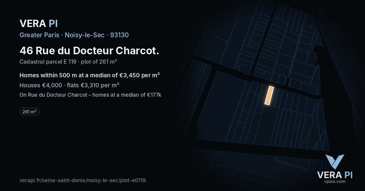 46 Rue du Docteur Charcot, Noisy-le-Sec at night – the plot lit, the parcels around coloured by the prices near them