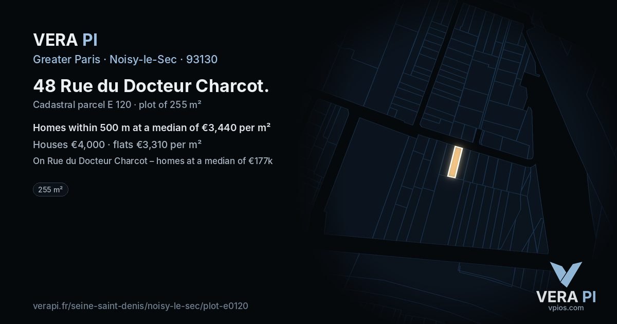 48 Rue du Docteur Charcot, Noisy-le-Sec at night – the plot lit, the parcels around coloured by the prices near them