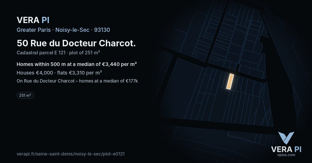 50 Rue du Docteur Charcot, Noisy-le-Sec at night – the plot lit, the parcels around coloured by the prices near them