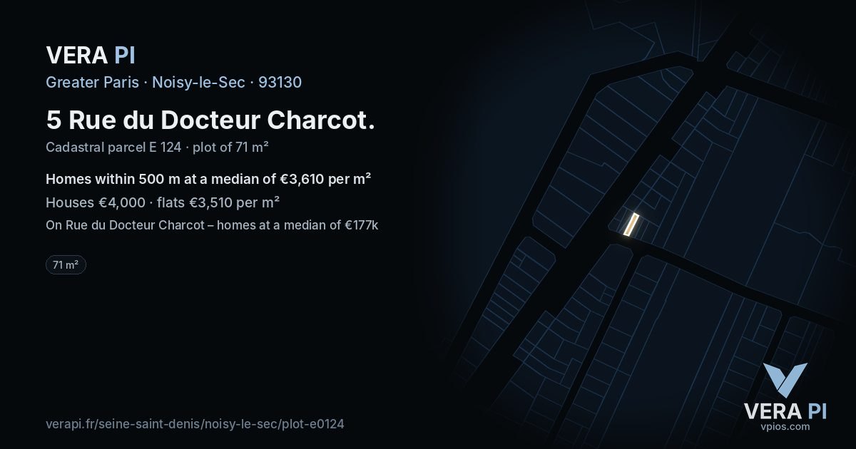 5 Rue du Docteur Charcot, Noisy-le-Sec at night – the plot lit, the parcels around coloured by the prices near them