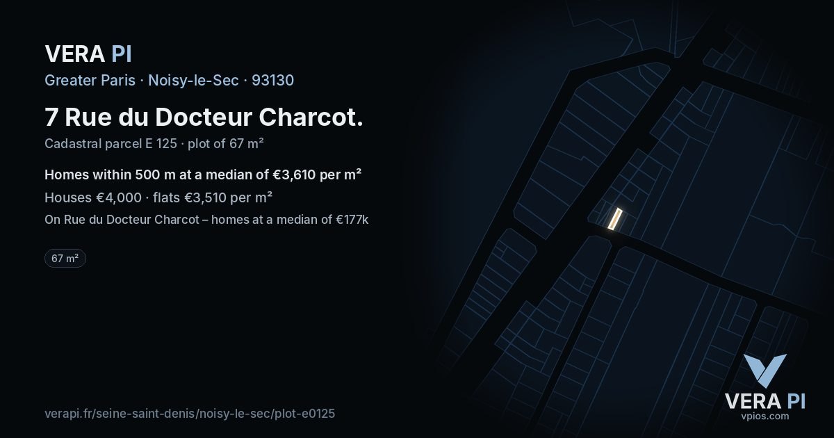 7 Rue du Docteur Charcot, Noisy-le-Sec at night – the plot lit, the parcels around coloured by the prices near them