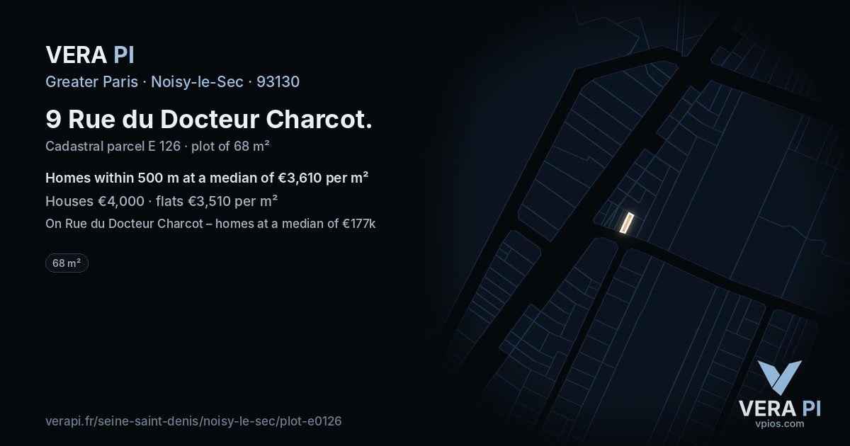 9 Rue du Docteur Charcot, Noisy-le-Sec at night – the plot lit, the parcels around coloured by the prices near them