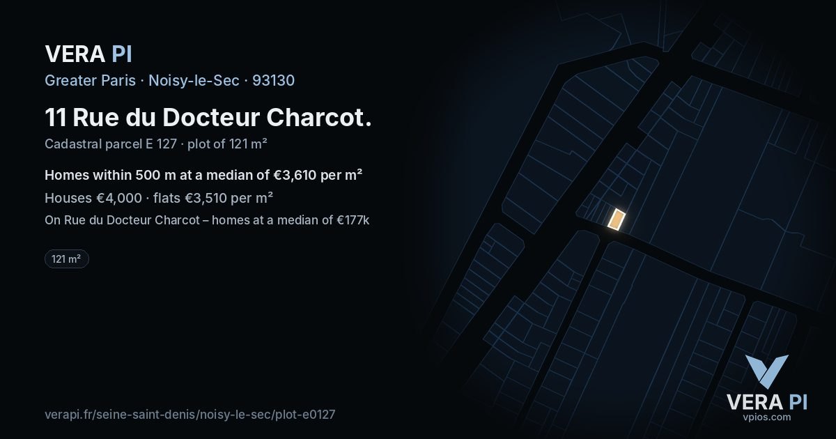 11 Rue du Docteur Charcot, Noisy-le-Sec at night – the plot lit, the parcels around coloured by the prices near them