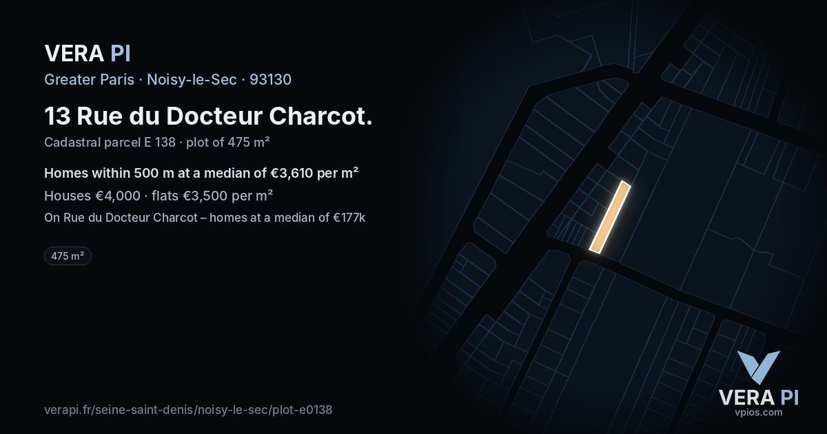 13 Rue du Docteur Charcot, Noisy-le-Sec at night – the plot lit, the parcels around coloured by the prices near them