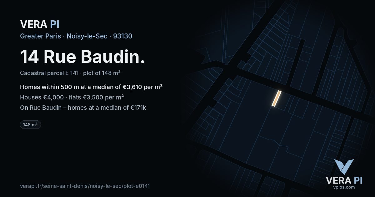 14 Rue Baudin, Noisy-le-Sec at night – the plot lit, the parcels around coloured by the prices near them