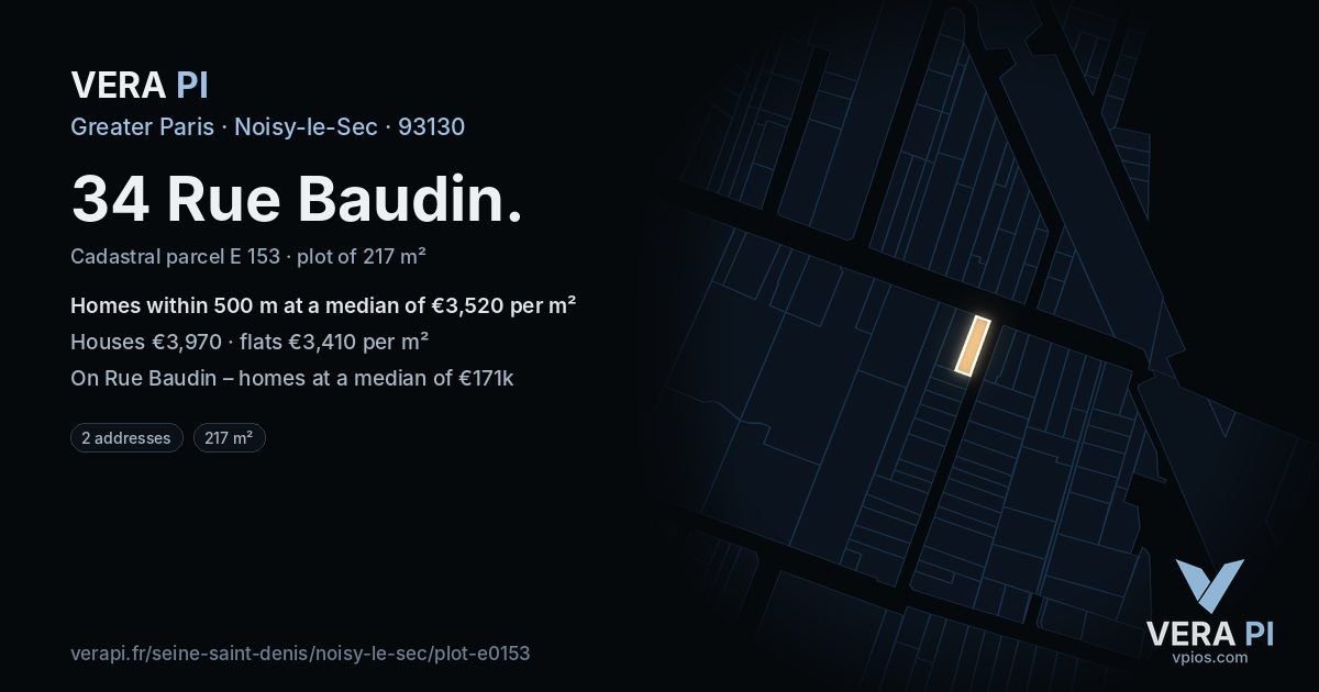 34 Rue Baudin, Noisy-le-Sec at night – the plot lit, the parcels around coloured by the prices near them