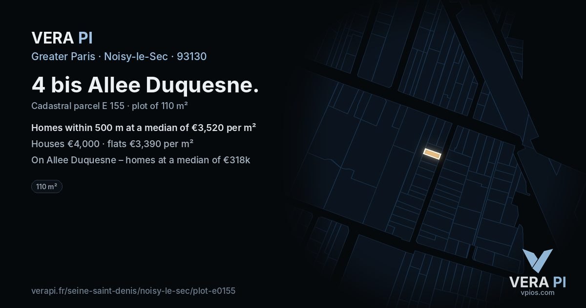 4 bis Allee Duquesne, Noisy-le-Sec at night – the plot lit, the parcels around coloured by the prices near them