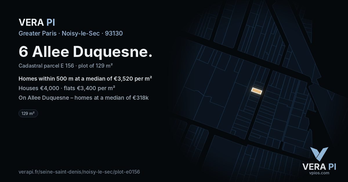6 Allee Duquesne, Noisy-le-Sec at night – the plot lit, the parcels around coloured by the prices near them