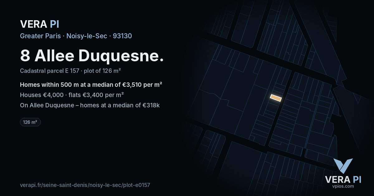 8 Allee Duquesne, Noisy-le-Sec at night – the plot lit, the parcels around coloured by the prices near them