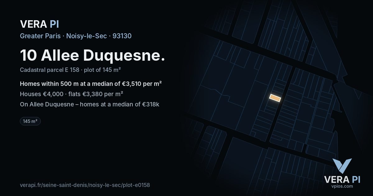 10 Allee Duquesne, Noisy-le-Sec at night – the plot lit, the parcels around coloured by the prices near them