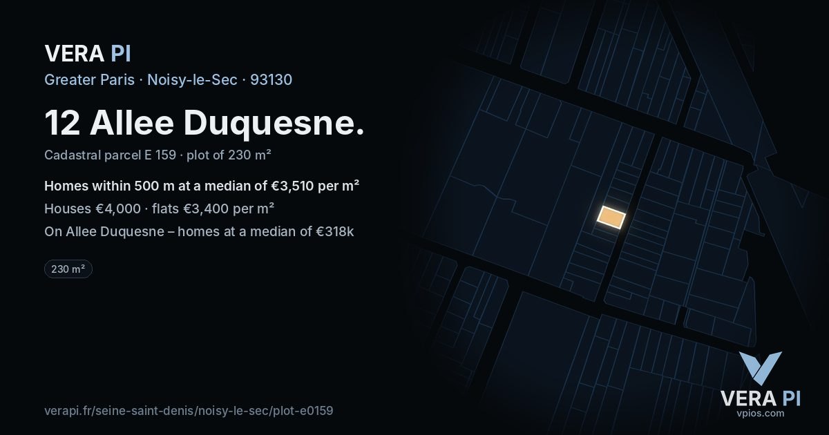 12 Allee Duquesne, Noisy-le-Sec at night – the plot lit, the parcels around coloured by the prices near them