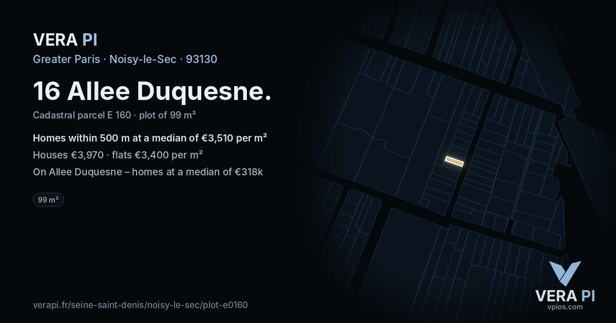 16 Allee Duquesne, Noisy-le-Sec at night – the plot lit, the parcels around coloured by the prices near them