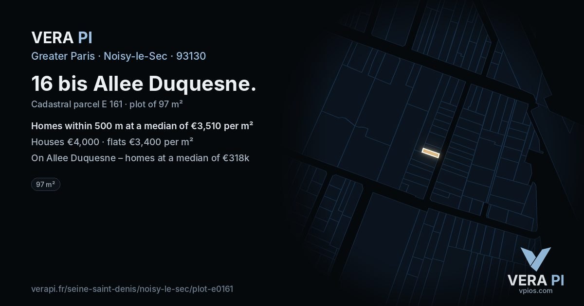 16 bis Allee Duquesne, Noisy-le-Sec at night – the plot lit, the parcels around coloured by the prices near them