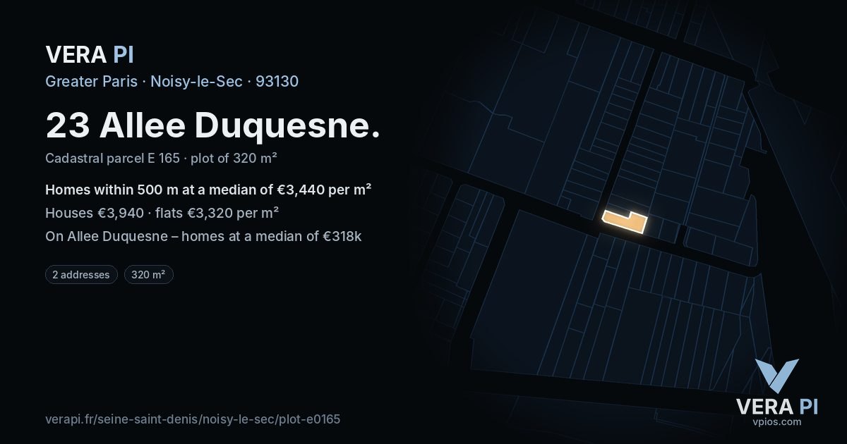 23 Allee Duquesne, Noisy-le-Sec at night – the plot lit, the parcels around coloured by the prices near them