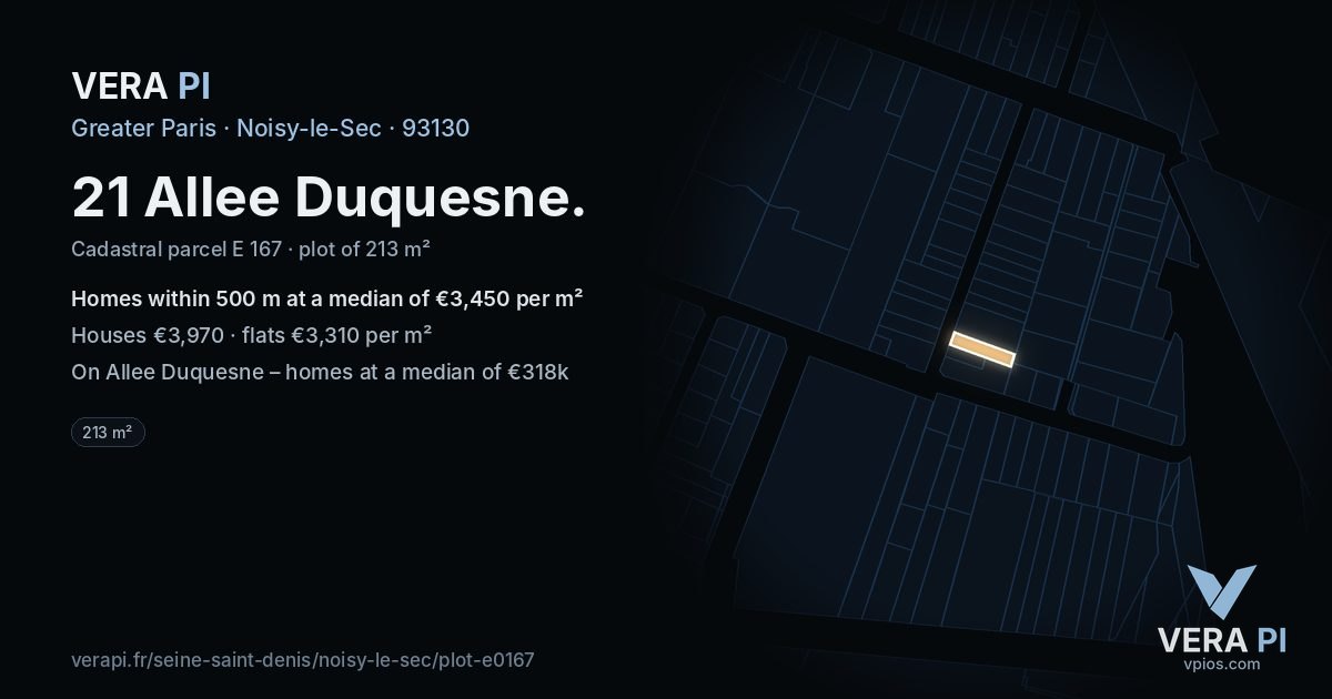 21 Allee Duquesne, Noisy-le-Sec at night – the plot lit, the parcels around coloured by the prices near them