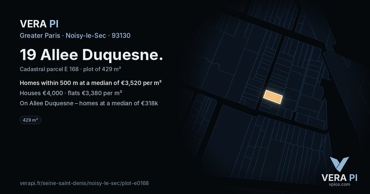 19 Allee Duquesne, Noisy-le-Sec at night – the plot lit, the parcels around coloured by the prices near them