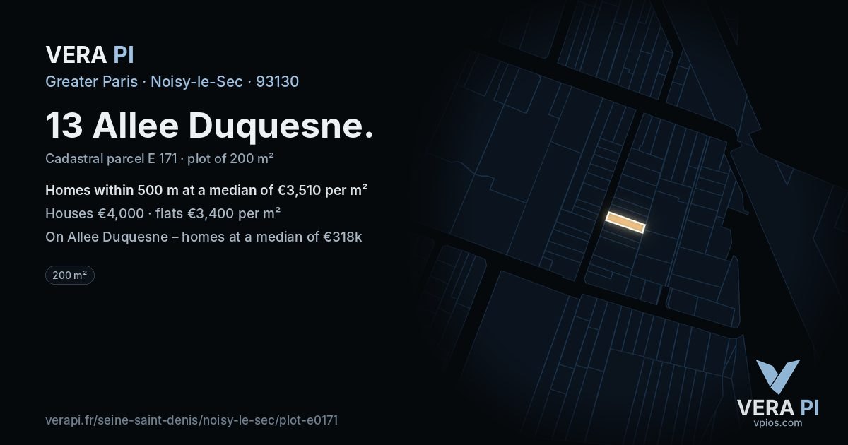13 Allee Duquesne, Noisy-le-Sec at night – the plot lit, the parcels around coloured by the prices near them