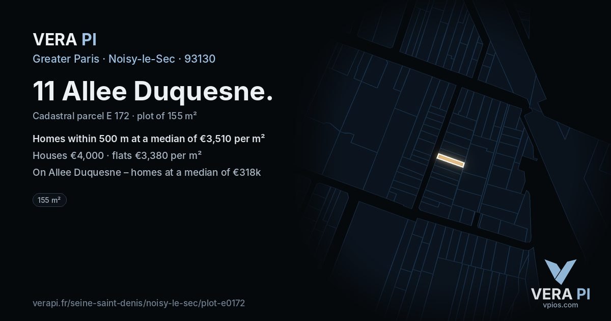 11 Allee Duquesne, Noisy-le-Sec at night – the plot lit, the parcels around coloured by the prices near them