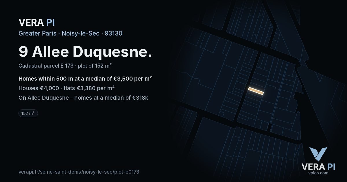 9 Allee Duquesne, Noisy-le-Sec at night – the plot lit, the parcels around coloured by the prices near them