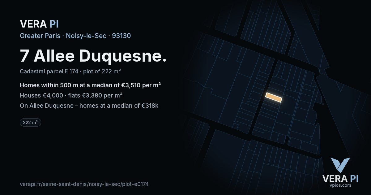 7 Allee Duquesne, Noisy-le-Sec at night – the plot lit, the parcels around coloured by the prices near them