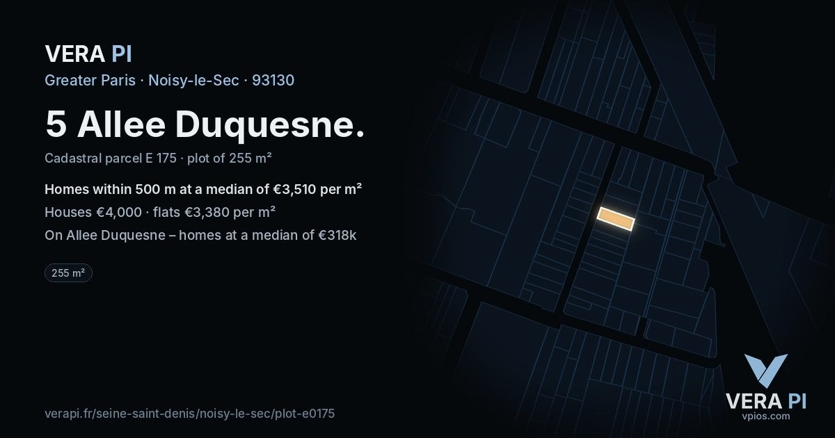 5 Allee Duquesne, Noisy-le-Sec at night – the plot lit, the parcels around coloured by the prices near them