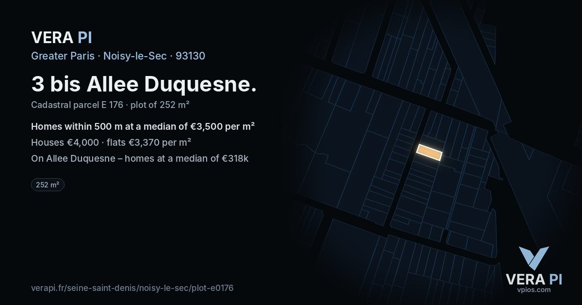 3 bis Allee Duquesne, Noisy-le-Sec at night – the plot lit, the parcels around coloured by the prices near them