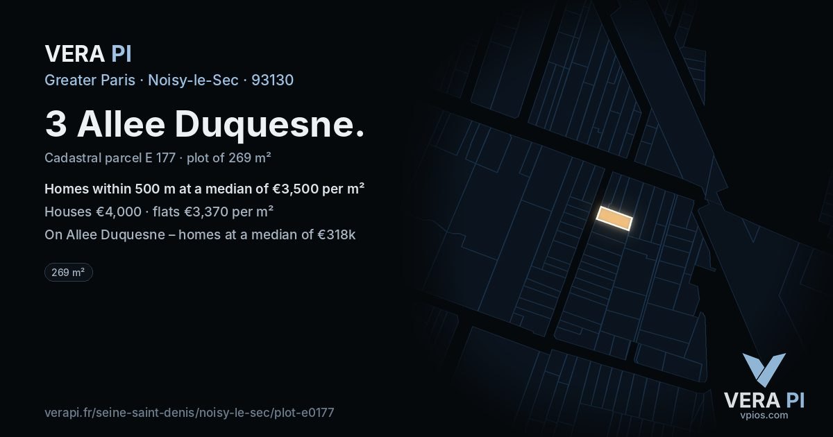 3 Allee Duquesne, Noisy-le-Sec at night – the plot lit, the parcels around coloured by the prices near them
