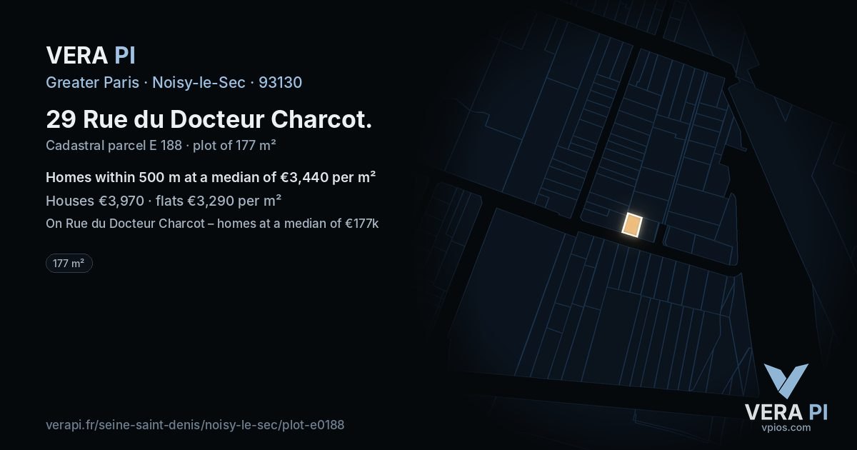 29 Rue du Docteur Charcot, Noisy-le-Sec at night – the plot lit, the parcels around coloured by the prices near them