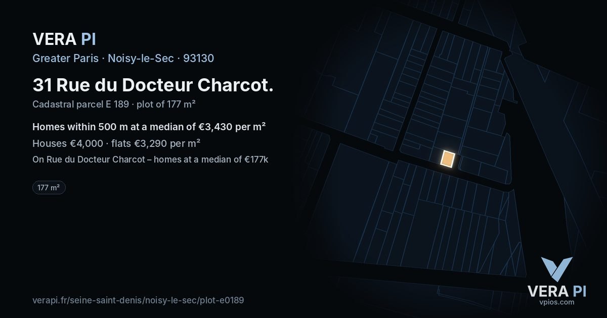 31 Rue du Docteur Charcot, Noisy-le-Sec at night – the plot lit, the parcels around coloured by the prices near them