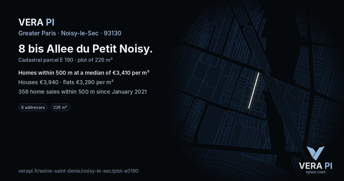 8 bis Allee du Petit Noisy, Noisy-le-Sec at night – the plot lit, the parcels around coloured by the prices near them