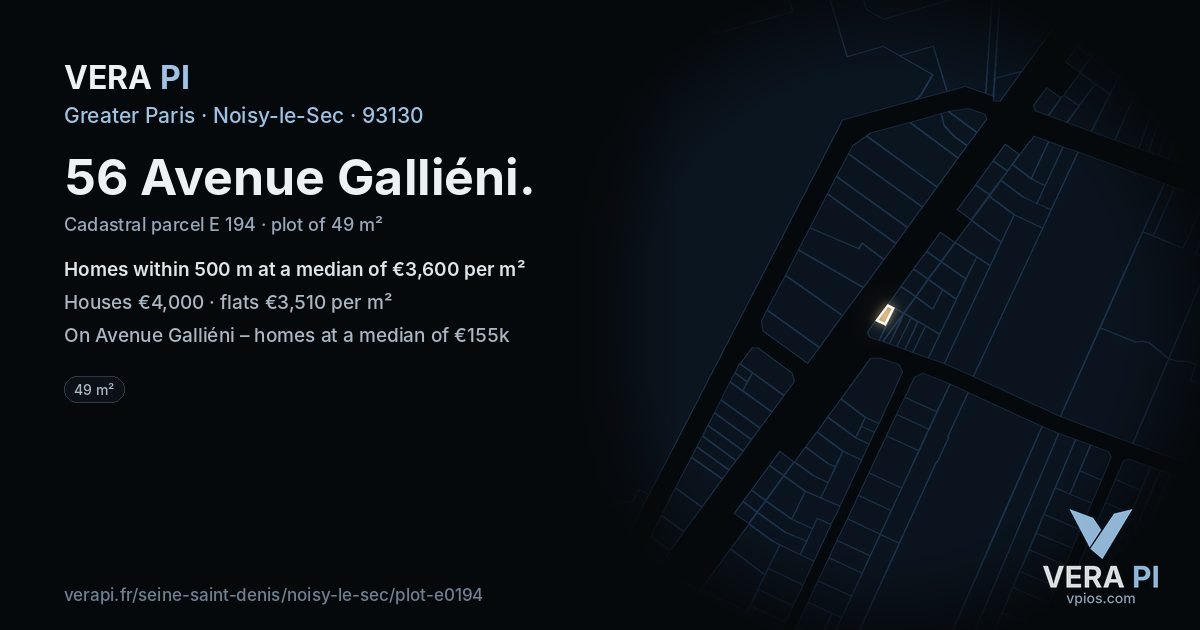 56 Avenue Galliéni, Noisy-le-Sec at night – the plot lit, the parcels around coloured by the prices near them