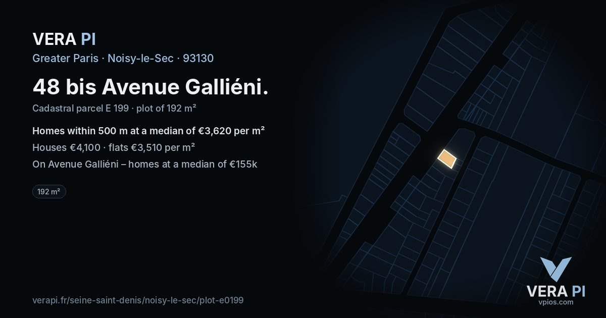 48 bis Avenue Galliéni, Noisy-le-Sec at night – the plot lit, the parcels around coloured by the prices near them