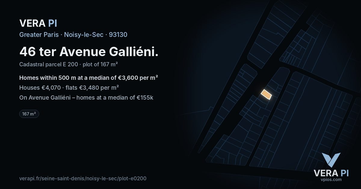 46 ter Avenue Galliéni, Noisy-le-Sec at night – the plot lit, the parcels around coloured by the prices near them