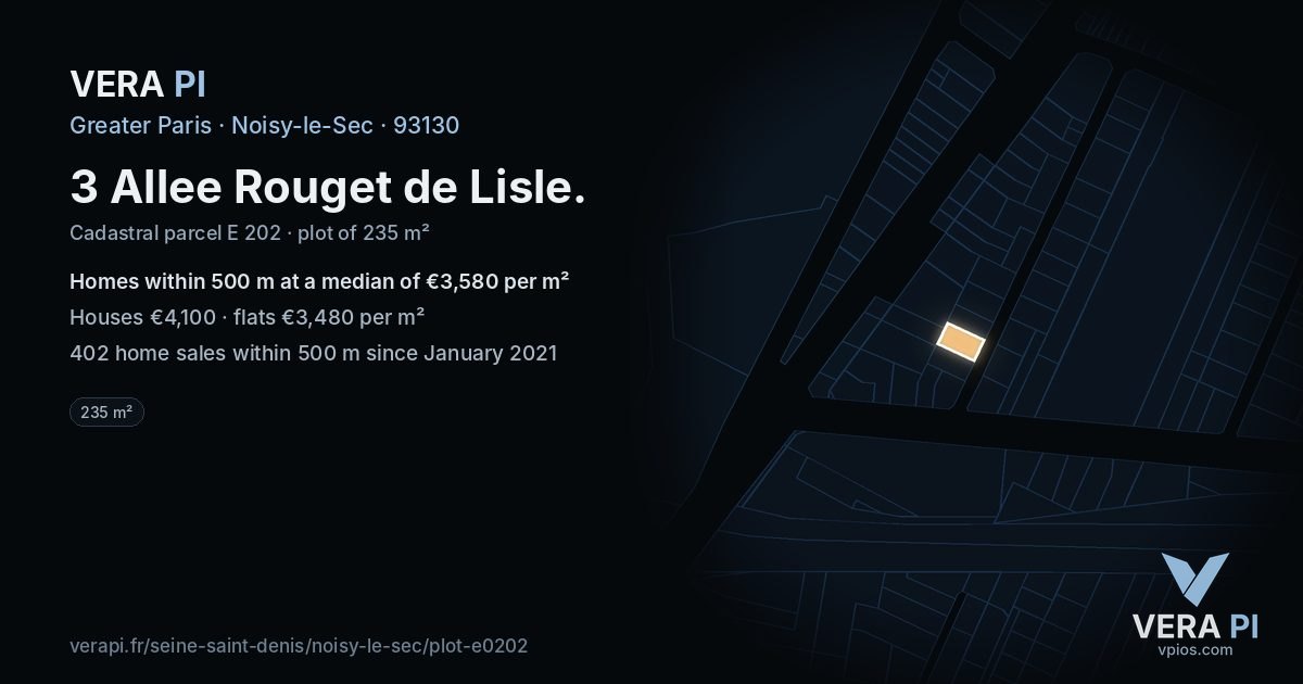 3 Allee Rouget de Lisle, Noisy-le-Sec at night – the plot lit, the parcels around coloured by the prices near them