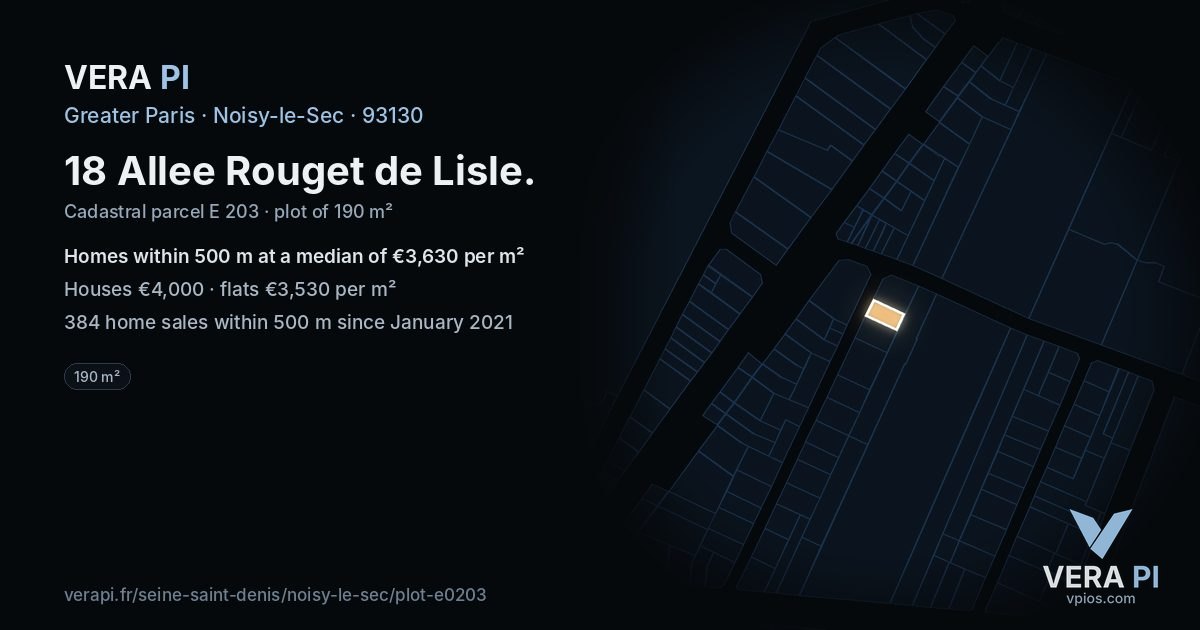 18 Allee Rouget de Lisle, Noisy-le-Sec at night – the plot lit, the parcels around coloured by the prices near them