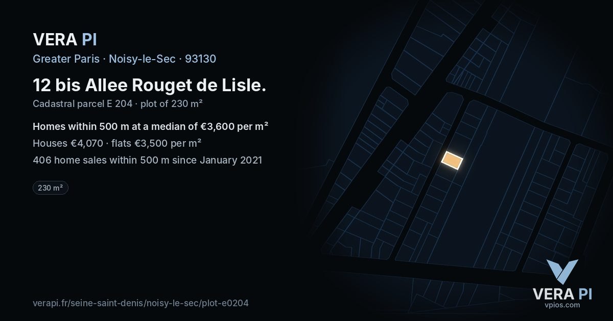 12 bis Allee Rouget de Lisle, Noisy-le-Sec at night – the plot lit, the parcels around coloured by the prices near them