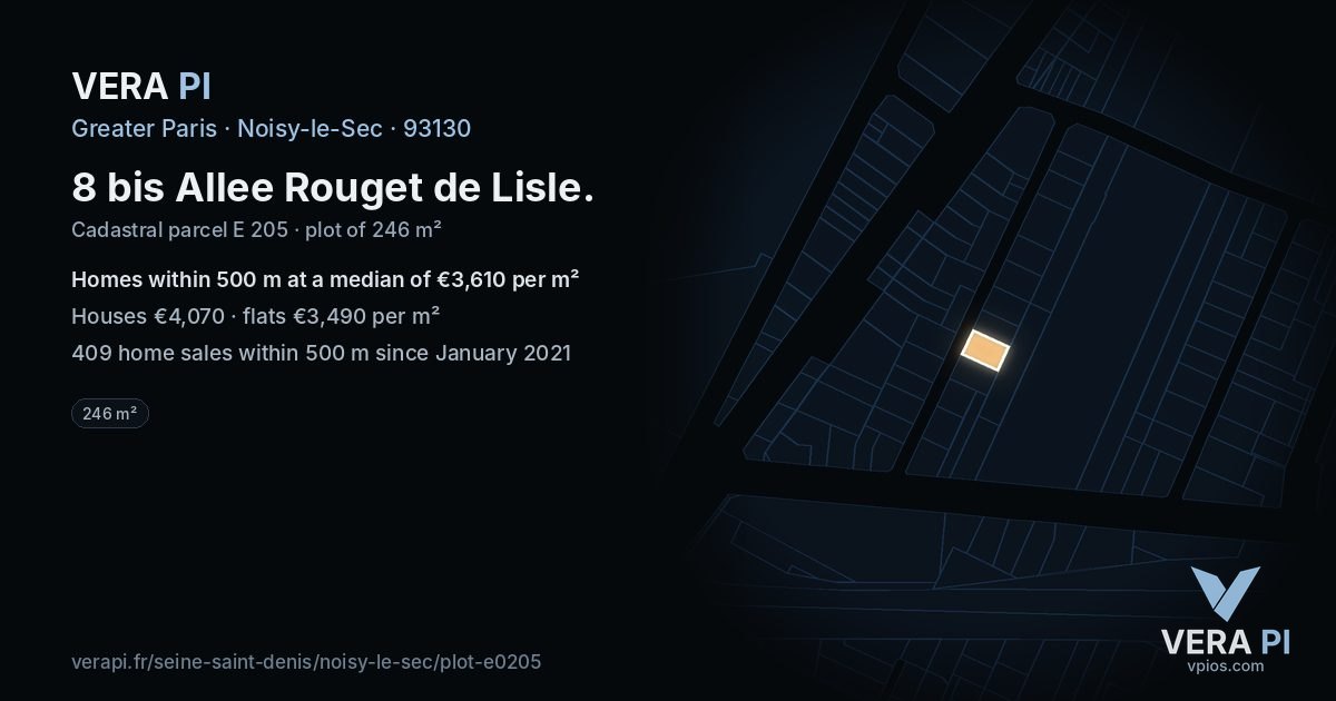 8 bis Allee Rouget de Lisle, Noisy-le-Sec at night – the plot lit, the parcels around coloured by the prices near them