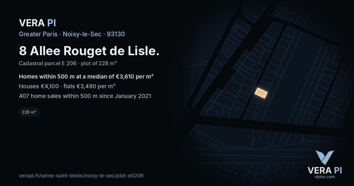 8 Allee Rouget de Lisle, Noisy-le-Sec at night – the plot lit, the parcels around coloured by the prices near them