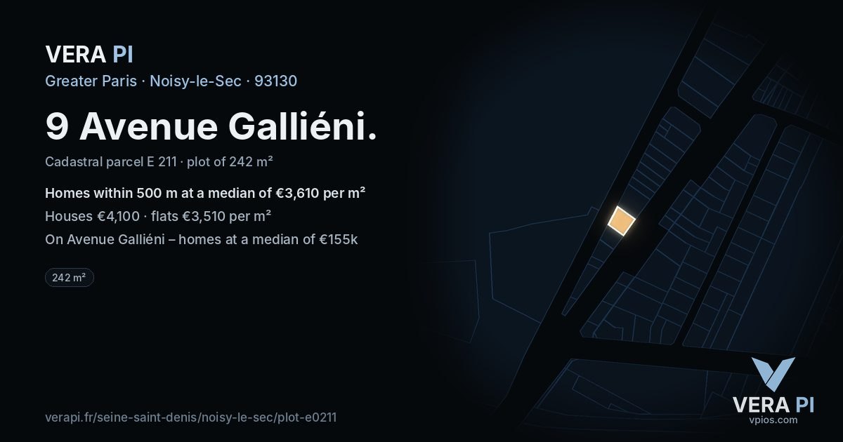 9 Avenue Galliéni, Noisy-le-Sec at night – the plot lit, the parcels around coloured by the prices near them
