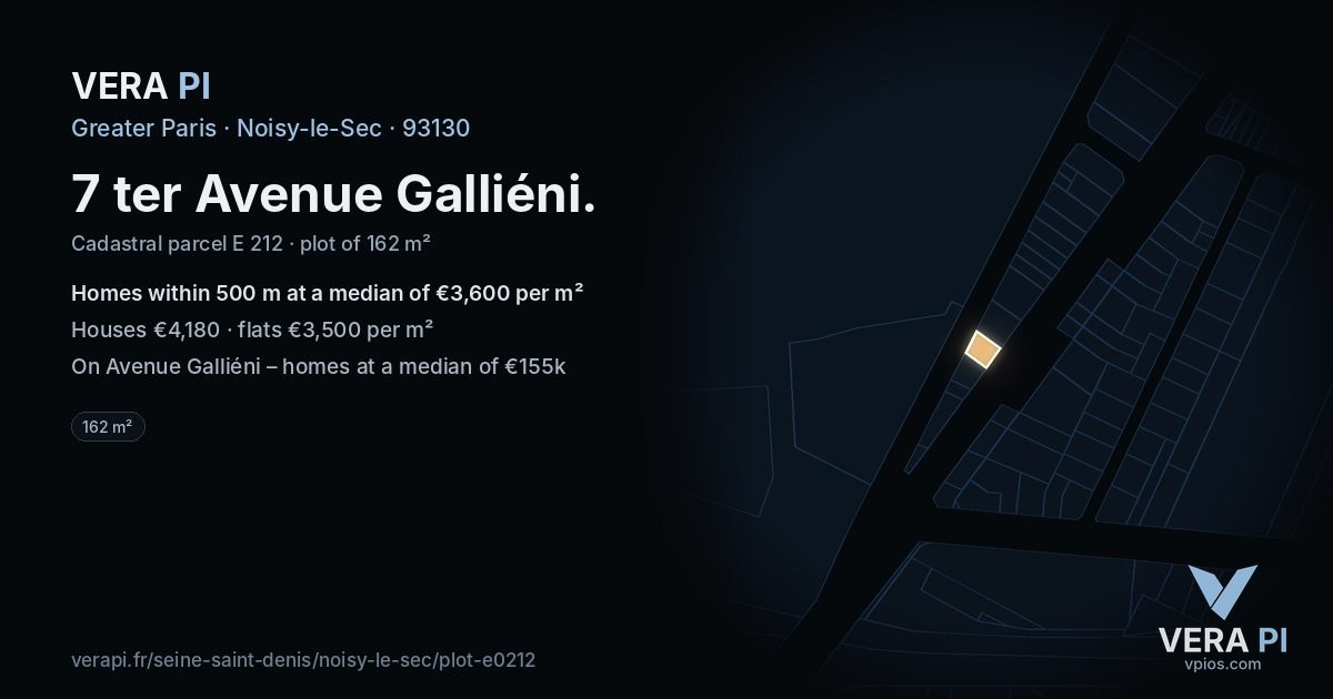 7 ter Avenue Galliéni, Noisy-le-Sec at night – the plot lit, the parcels around coloured by the prices near them