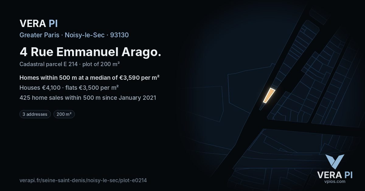 4 Rue Emmanuel Arago, Noisy-le-Sec at night – the plot lit, the parcels around coloured by the prices near them