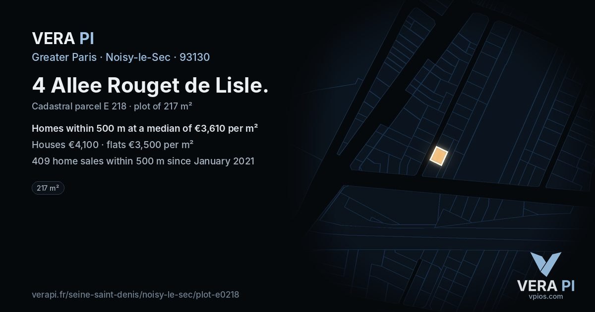 4 Allee Rouget de Lisle, Noisy-le-Sec at night – the plot lit, the parcels around coloured by the prices near them