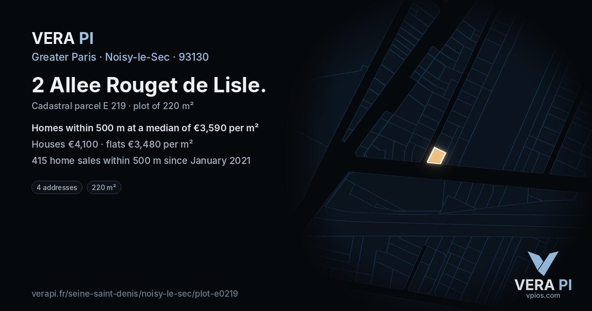 2 Allee Rouget de Lisle, Noisy-le-Sec at night – the plot lit, the parcels around coloured by the prices near them