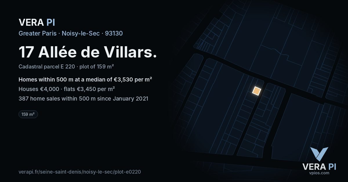 17 Allée de Villars, Noisy-le-Sec at night – the plot lit, the parcels around coloured by the prices near them